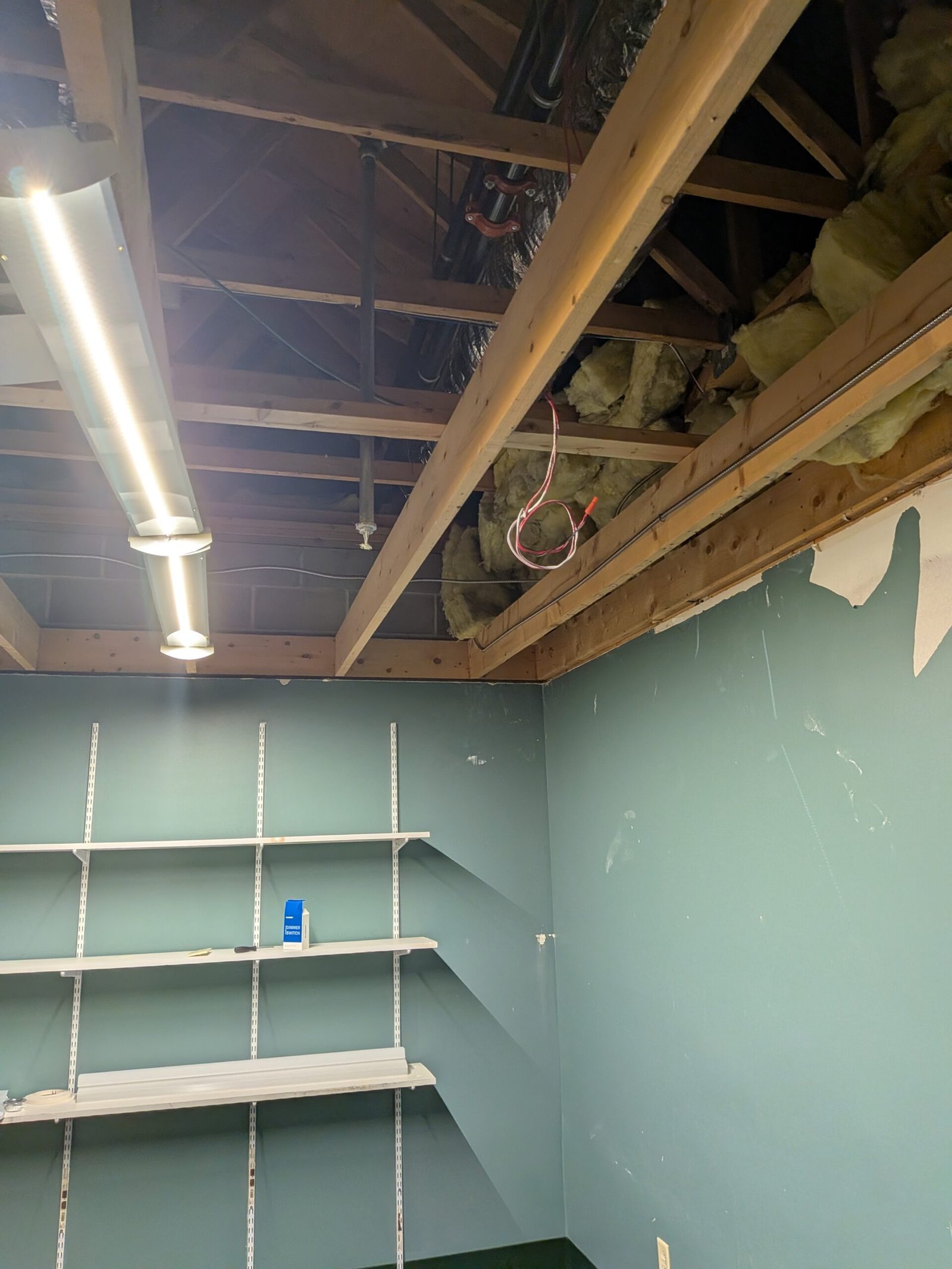 Office ceiling drywall and insulation removed after sprinkler leak, Lancaster MA